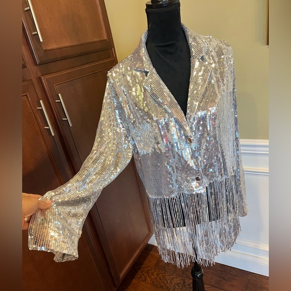 Ashley Stewart Shimmering Silver Fringe Blazer - Picture 4 of 10